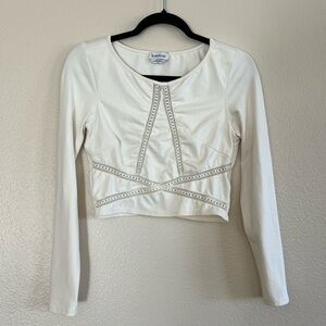 Bebe Cream Long Sleeve Embellished Crop Top